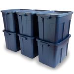 Rubbermaid Roughneck Tote 18 Gal, 6 Pack, Made in USA, Dark Indigo Metallic, Stackable Storage Bins with Lids and Handles