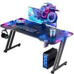 HLDIRECT 47 Inch Gaming Desk with LED Lights Carbon Fibre Surface Gaming Table Large Computer Desk Ergonomic Home Office Desks Z Shaped PC Gamer Workstations with Cup Holder & Headphone Hook Black