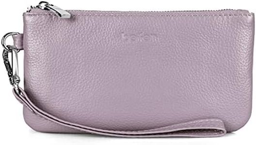 befen Genuine Leather Coin Purse for Women, Small Black Change Purse Womens Small Zipper Wristlet Wallet, Wristlet Money Bag Mini Coin Pouch with Removable Wrist Strap (Lavender)