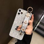 aowner for iPhone 15 Pro Max Case Luxury Hand Strap Phone Case Bling Stand Holder Cute Glitter Pearl Bee Wrist Bracket Shockproof Bumper for Woman Girls Protective Cover Case for 15 Pro Max, Silver