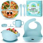 Little Chiltern Co Baby Weaning Set - 8 Pcs Silicone Baby Feeding Set with Adjustable Bib, Suction Bowl & Plate, Cup, Fork & Spoon - Microwave & Dishwasher Safe - Self Eating Utensil Set - Blue