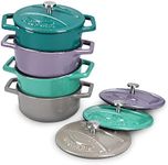 Navaris Cast Iron Round Cocottes (Set of 4) - 10.5cm Mini Cocotte Casserole Dishes with Enamel Coat, 290ml - Teal/Violet/Green/Grey