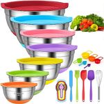 CHAREADA Mixing Bowls with Airtight Lids, 18pcs Stainless Steel Nesting Colorful Mixing Bowls Set Non-Slip Silicone Bottom, Size 7, 5.5, 4, 3.5, 2.5, 2, 1.5 qt, Fit for Mixing & Serving