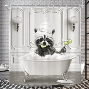 AMBZEK Funny Raccoon Shower Curtain 72Wx72L Inch Black White Animal Bathing in Bathtub Hilarious Cute Vintage Modern Artwork Cloth Fabric Waterproof Polyester Bathroom Decor Set with 12 Pack Hooks