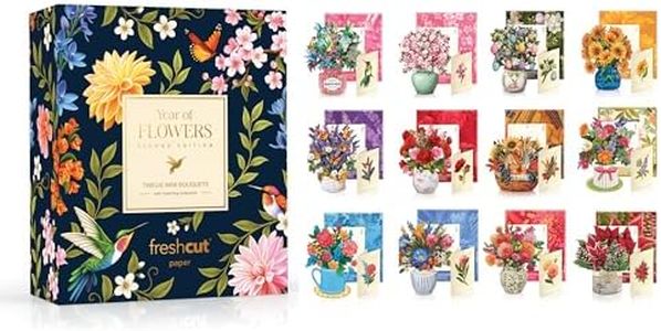 Freshcut Paper Pop Up Cards, Set of 12 Year of Flowers Mini Bouquets with Matching Card, 6 Inch 3D Popup Forever Flowers Greeting Cards, Bulk Card Pack of 12 with Blank Notecards & Envelopes