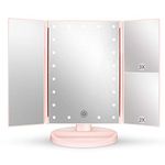 deweisn Tri-Fold Lighted Vanity Mirror with 21 LED Lights, Touch Screen and 3X/2X/1X Magnification Mirror, Cosmetic Mirror Two Power Supply Mode Tabletop Makeup Mirror for Travel(Pink)