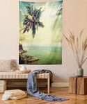 Hawaiian Decorations Tapestry Wall Hanging By Ambesonne, Palm Tree Rocky Shore Caribbean Mist Honeymoon Traveling Resort Scenic Sun Rays , Bedroom Living Room Dorm Decor, 60Wx80L Inches