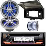 JVC KD-T92MBS Single DIN Marine Motorsports Bluetooth AM/FM USB AUX CD Player Stereo Receiver, 6.5" 180 Watt Peak Power 2-Way Charcoal Speakers (Pair), Radio Cover, 50 ft Speaker Wire