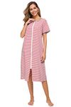 Vslarh Women Short Sleeve Zip Front Nightgowns Full Length Cotton Robes Loose Housecoat Loungewear with Pockets S-XXL, W&r, Large