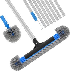 Upgraded Pool Brush Set - 20’’ 2-in-1 Heavy Duty Detachable Round Brush with Extra Side Brush for Cleaning Hard-to-Reach Corners, 9 FT Aluminum Extended Pool Pole with Hidden Hook Retriever