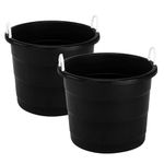 Homz Multi Purpose 17 Gallon Plastic Open Top Storage Round Utility Tub with Rope Handles for Indoor or Outdoor Home Organization, Black (2 Pack)