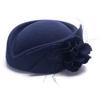 Lawliet Women Fascinator Pillbox Felt Wool Hat Formal Dress Flower Veil (Navy Blue)