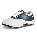 FitVille Mens Golf Shoes Extra Wide Fit with Spikes Professional Spiked Golf Shoes for Men V1 White/Midnight Blue 8 UK Wide