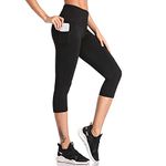 SIMIYA Womens Sports Leggings High Waist Fitness Capris Running Tights with Pockets 3/4 Length Slim Fit Cropped Yoga Pants Power Stretch Gym Trousers(Capris-Black,L)