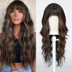 Esmee Long Curly Brown with Copper Highlight Wigs with Bangs,Wig for Women Wig Synthetic Hair Wig for Daily Party Cosplay Use-26 Inches