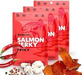 Kaimana Jerky Wild Caught Salmon Jerky - Organic Gourmet Dried Fish Strips Rich in Omega-3 & Protein - Low-Calorie Sweet Seafood Snack with No Gluten, Less Sodium & Sugar - Spicy Flavor - 3/2oz Pack