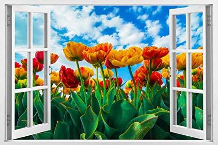 Mi Alma Huge 3D Vinyl Wall Decal Decal, White Window Frame Style Home Décor Art Removable Wall Decal, 33.5"x 45" (Exotic Flowers)