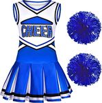 Costumerry Cheerleader Costume for Girls Cheerleading Outfit with Pom Poms Halloween Dress Up Party (Blue, 5-6 Years)