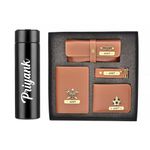 MODEFE Men Gift Combo of 5 - Customized Wallet, Name Key Ring, Passport Cover & Customized Eye Wear Cover with Name and Charm & 1 Hot & Cold Flask Smart Temperature Bottle 500ml (TAN Color)