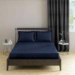 Pro Linen Basic 1Cm Satin Stripe Pure Cotton 210Tc, 3Pc Bedding Set, Queen Regular Size 275x225 Cm, Navy, (1 Bed Sheet + 2 Pillow Covers)