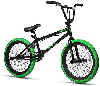 cubsala Freestyle BMX Bike, 20 Inch Yaphet Bicycle for Teen Beginner Adult Riders, Bike with 360° Rotating Handlebar and 4 pegs, Black with Green Tires