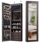 Multigot 5 LED Lights Jewellery Cabinet, Hanging or Wall Mounted Ornament Armoire, Full Length Mirror Lockable Makeup Storage Organizer (Brown)