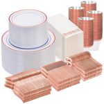 700 Piece Dinnerware Set for Wedding & Party,100 Guest RimPlastic Plates,100 Plastic Silverware,100 Cups,100 Linen Like Napkins (Rose Gold)