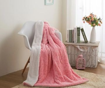 DaDa Bedding Pink Throw Blanket - Fluffy Cuddly Luxury Rose Buds Soft Warm - Plush Faux Fur Sherpa Fleece - Bright Vibrant Embossed Textured Blushing Rosey/White - 63" x 87"