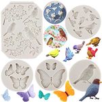 Sijiangmold Birds Silicone Fondant Molds Butterfly Rose Flower Stems Silicone Mold for Cupcake Topper Cake Decorating Candy Polymer Clay Chocolate Gum Paste Set of 5