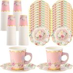 Tioncy 100 Pcs Tea Party Decorations Include 50 Pieces 9 oz Paper Tea Cups with Handle and 50 Plates Disposable Teacups and Saucers Sets for Birthday(Blossom)