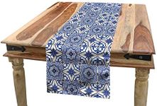 Ambesonne Moroccan Table Runner, Portuguese Tiles Squares Grid Style Pattern Oriental Motif, Dining Room Kitchen Rectangular Runner, 16" X 90", Violet Blue Orange White