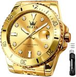 OLEVS Men's Watch, Fashion Luxury Gold Big Face Stainless Steel Diamond Dress Calendar Gold Waterproof Luminous Wrist Watches for Men