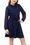 GORLYA Mesh Long Sleeve Girl's Peter Pan Collar Casual Vintage A-line Party Belted Dress with Pockets for 4-14T (GOR1030, 13-14Y, Navy)