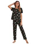 SMOWKLY Printed Round Neck Short Sleeve Nightsuit Set | Pajama Set | Night Dress for Women (1641_BK_3XL) Dark Black