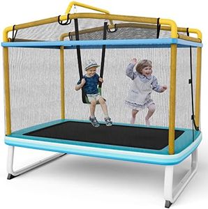 Giantex 6Ft Kids Trampoline with Swing and Horizontal Bar, ASTM Approved Small Trampoline with Net, L-Shaped 2 Way Zippers, Indoor Outdoor Rectangle Toddler Trampoline for Kids Age 3+ (Blue/Yellow)