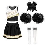 FEESHOW Girls Shiny Cheer Leader Costume Uniform Cheerleading Dance Dress Halloween Party Complete Outfits with Pompoms A White&Black A 13-14 Years