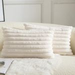 Mandioo Pack of 2 Decorative Cushion Covers 30cm x 50cm Faux Fur Striped Plush Soft Throw Pillow Covers Pillow Cases Bedroom Living Room Sofa Home 12x20 Inch Cream White