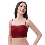 SOIE Women Non Wired Micro Modal Stretch Lacy Bandeau Bra with Removable Pads and Detachable Straps, Maroon, M