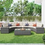 Merax 8-pieces Outdoor Wicker Round Sectional Curved Sofa Set with Rectangular Coffee Table, PE Rattan Water-resistant and UV Protected, Movable Cushion, Half-Moon Style, Beige_ 8Pcs