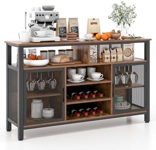 Giantex Coffee Bar Cabinet for Liquor and Glasses, 55” Buffet Sideboard with 8-Bottle Wine Racks, 6 Rows of Wine Glass Holders, Mesh Doors, Wine Cabinet for Kitchen, Dining Room, Living Room (Brown)