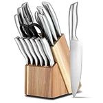 Knife Sets for Kitchen with Block, 15 Piece Kitchen Knife Set, Ultra Sharp Chef Knife Set for Kitchen, High Carbon Stainless Steel Knife Block Set with Sharpener, Silver