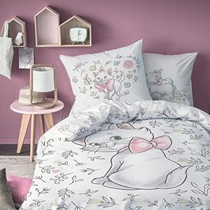 Disney Les ARISTOCHATS Love Parure de Lit Fille 140x200 cm | 100% Coton | Oeko-TEX | Housse de Couette Enfant 1 Personne 140x200 cm + 1 Taie d'oreiller 63x63 cm Imprimées Reversibles | Blanc