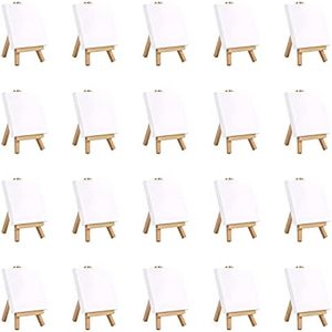 Belle Vous Mini Lienzos con Caballete de Madera (Pack de 20) Caballete Pequeño de 10 x 10 cm - Lienzos Preestirados, Imprimados en Blanco - De Mesa para Pinturas Óleo y Acrílico