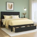 YITAHOME Queen Size Bed Frame with Drawer, Upholstered Bed Frame with Storage, Platform Bed with Velvet Headboard, No Box Spring Needed, Dark Grey