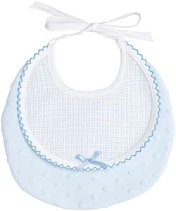 Filet - Bavaglino Tondo in Morbido Tessuto con Pois Effetto 3D con Inserto in Tela Aida da Ricamare, Chiusura con Laccetti, Made in Italy, Colore Azzurro