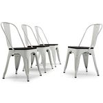 BELLEZE Retro Set of (4) Metal Industrial Stackable High Back Wood Seat Bistro Patio Dining Chairs Cafe Bar Stool,Grayish White