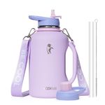 Half Gallon Water Bottle with Straw, Coolflask 64 oz Insulated Stainless Steel Water Jug with Handle Metal Double-Walled Vacuum Large Flask with Strap Leakproof, Keep Cold 48 Hrs Hot 24hrs, Lavender