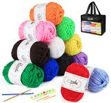 ilauke 12 x 50g Balls of Assorted Double Knitting Yarn, Colored Acrylic Yarn Set with 2 Crochet Hooks, 2 Needles, 8 Crochet Locking Stitch Markers