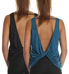 icyzone Womens' Yoga Tops Open Back Workout Tank Tops Loose fit Sleeveless Athletic Gym Shirts (Pack of 2) (S, Black*/Denim*)