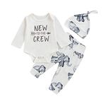 Newborn Baby Boys Girls Clothes New to The Crew Romper Bodysuit+Elephant Trousers+Hat 3pcs Outfits Set (White, 70/0-3M)